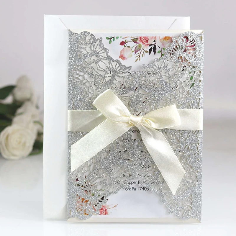 

10pcs Invitation Card Laser Cut Glitter Paper Wedding Invitations with Ribbon Greeting Cards Gift Card Customization for Party