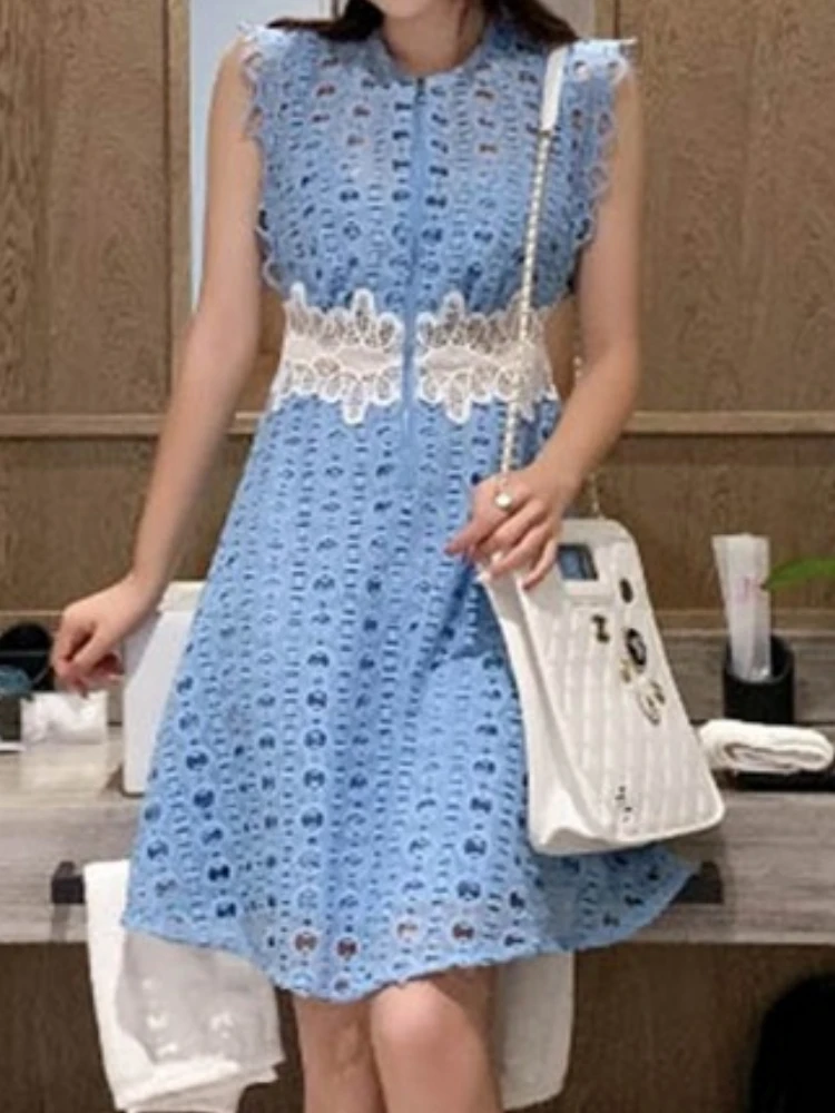 

Spring and Summer New Round Neck Contrast Color Lace Embroidery Hollow Floral Sleeveless Women Vest Knee-length Dress