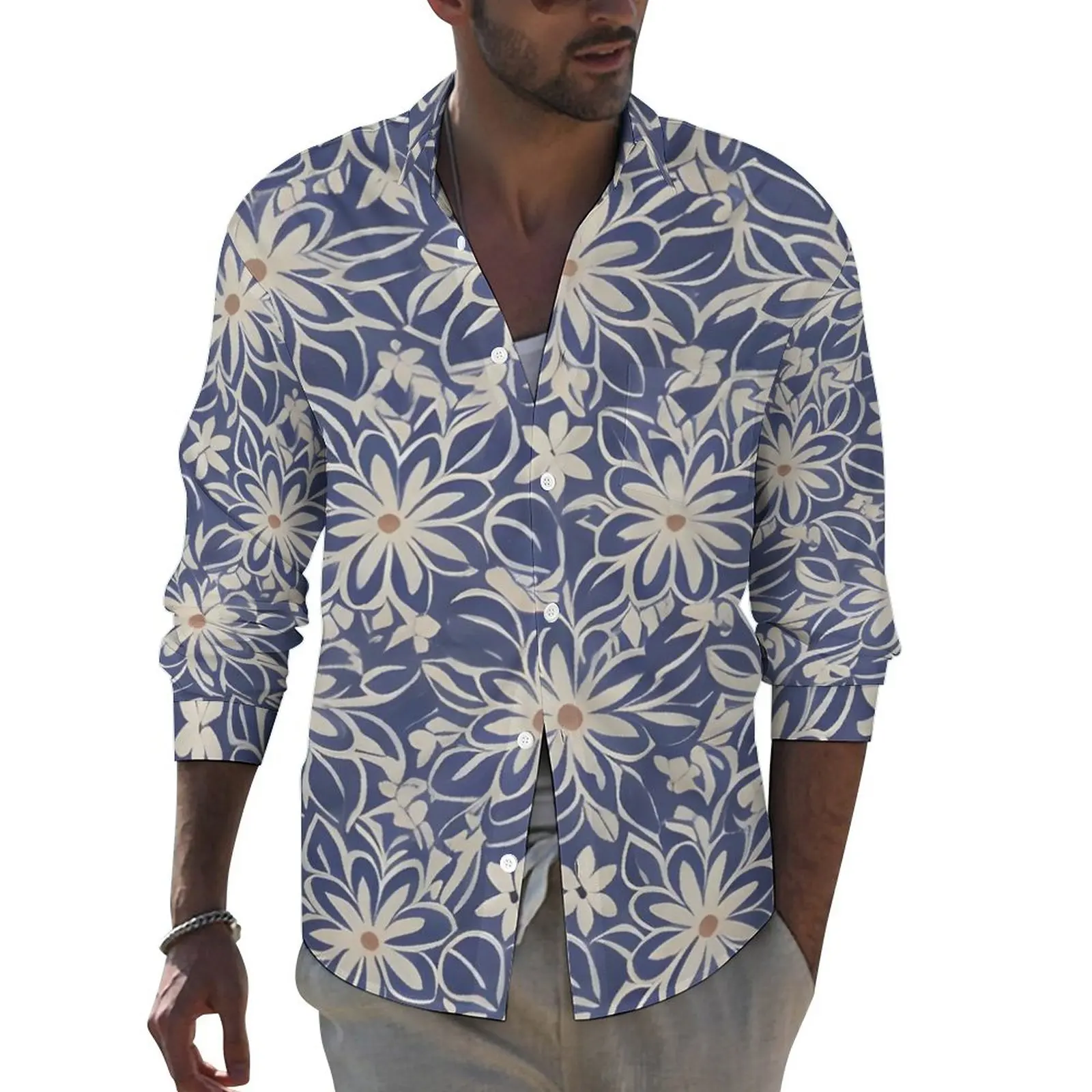 

Рубашка в стиле ретро с цветочным принтом, Весенняя Повседневная рубашка с принтом, Мужская модная блузка с длинным рукавом, стильная одежда на заказ