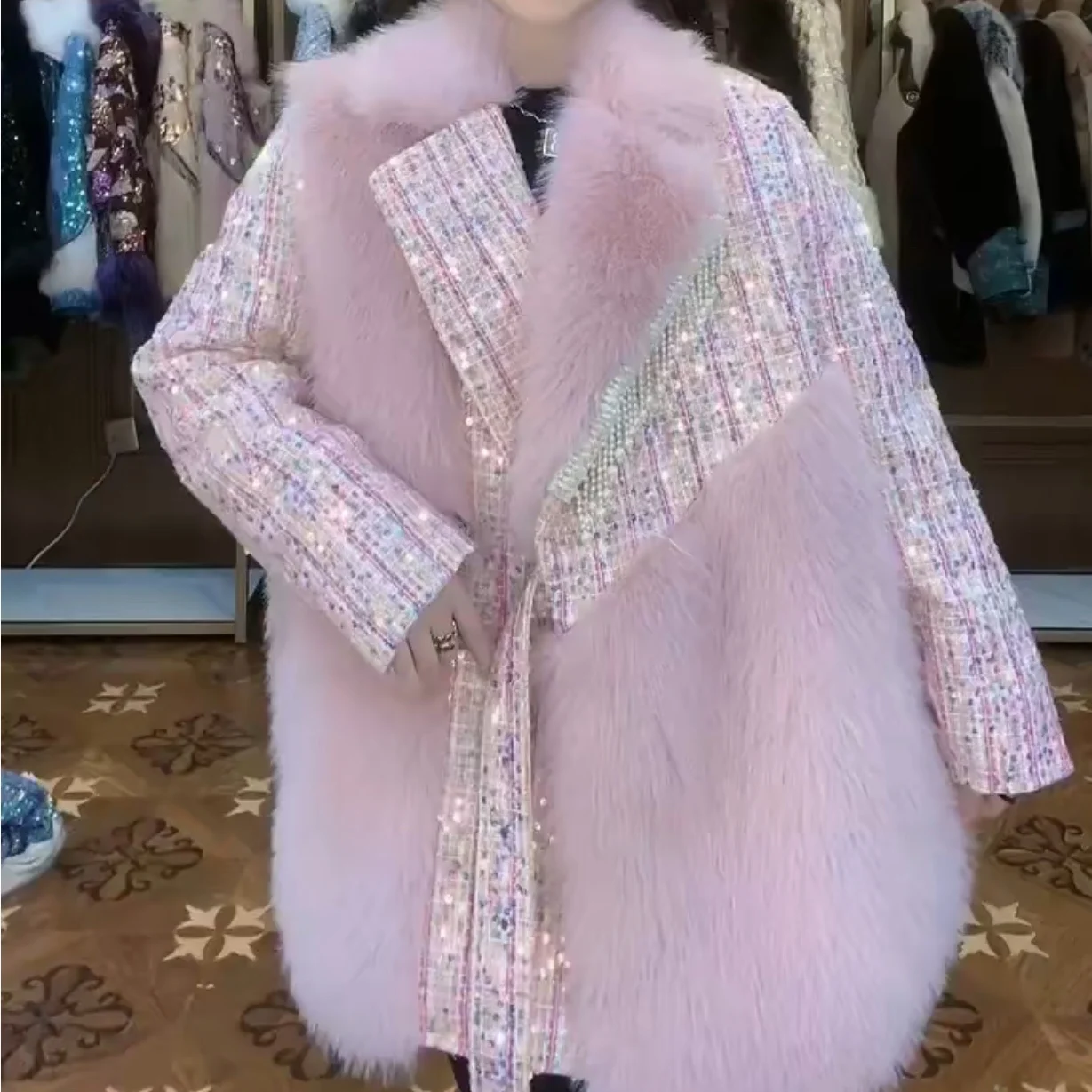 Toka Double Face Wool Warm Pink Fur Coat Female Heavy Industry Beads Tassel Sequins Casual Woolen Jacket 2022 New Winter Coats