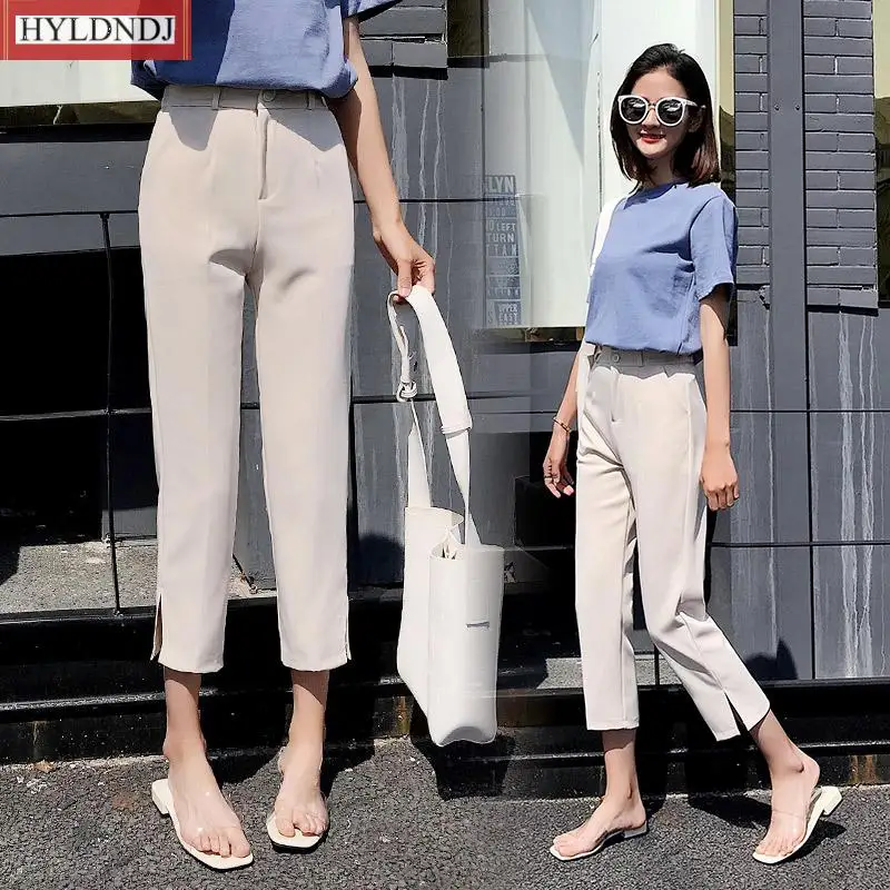 Women Suit Pants High Waist Beige Black Pants with Slit Elegant Ladies Girls Casual Pants Capri Korean Style Summer