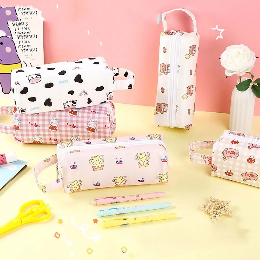 

Large Capacity Students Pencil Case Sweet Lovely Plaid Pattern Kawaii Funny Cartoon Pencil Bag School Supplies Stationery