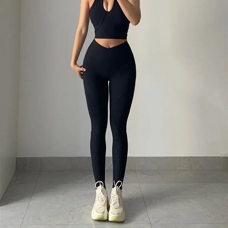 X-HERR Ribbed Crossover High Waisted Yoga Leggings for Women V Waist Gym Workout Pant Ladies Exercise Trainning Leggins Tights
