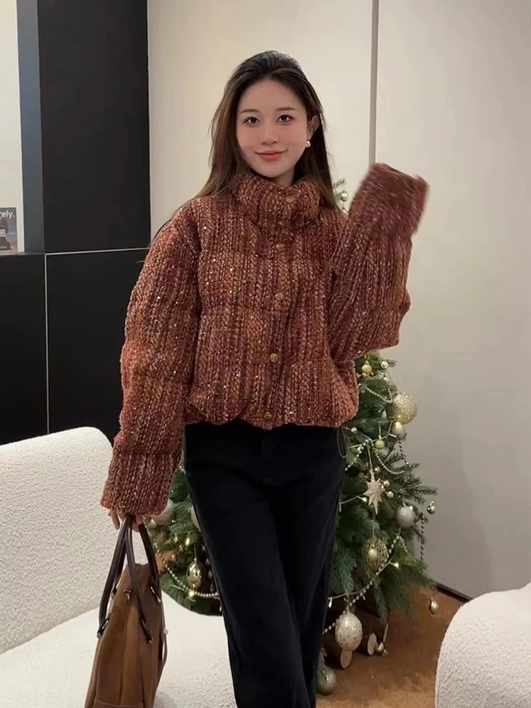 Зимнее новое дизайнерское пуховое пальто для женщин с утолщенной тканой