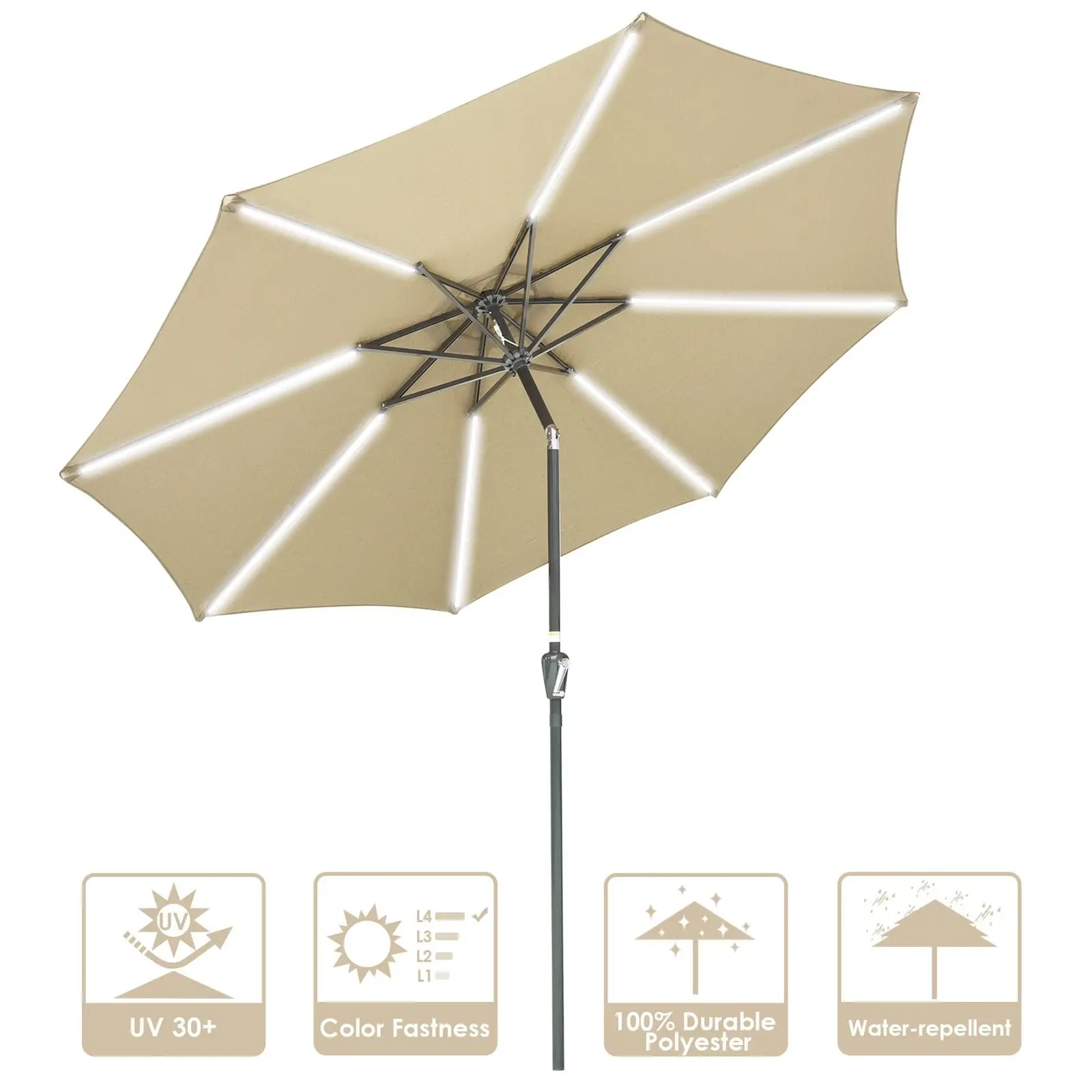 

10ft Multifunctional Alu 8LED Strip Light Umbrella Polyester Canopy Beige