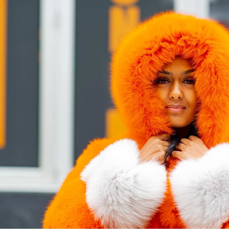 Contrast Color Genuine Hooded Fox Fur Jacket Women Winter High Street Thicken Outertwear Luxury Natural Fox Fur Coat Female