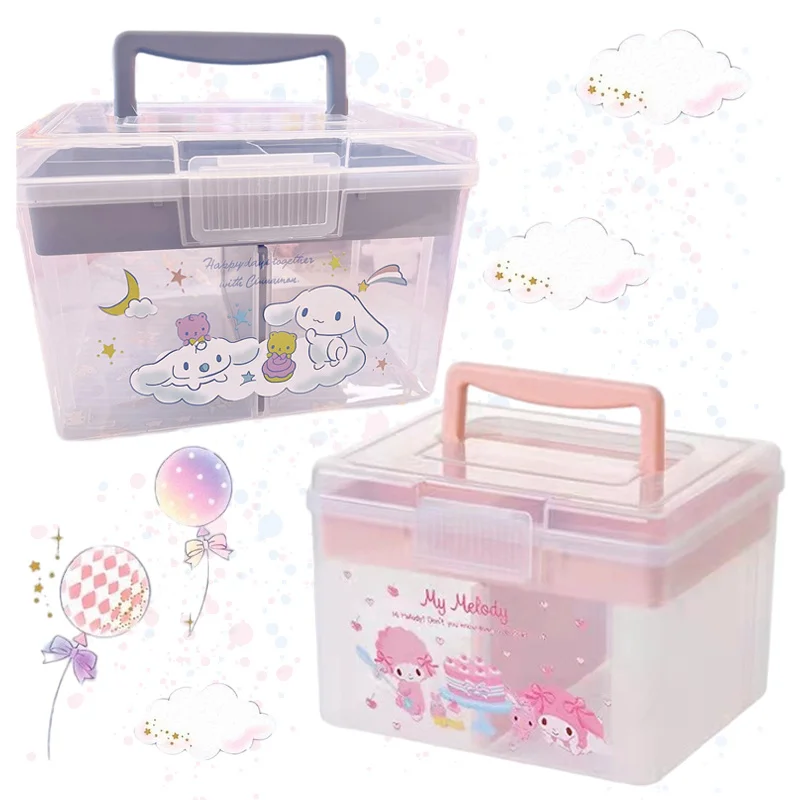 

Kawaii My Melody Cinnamoroll KT Cat Anime Cartoon Portable Double Storage Box Cute Large Capacity Medicine Box Groceries Box