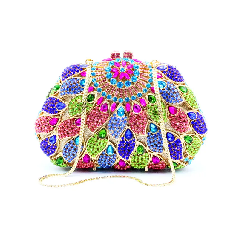 DG PEAFOWL Women Party Prom Bag Flower Crown Minaudiere Clutch Colorful Crystal Evening Handbag  Bridal Clutches Wedding Purse