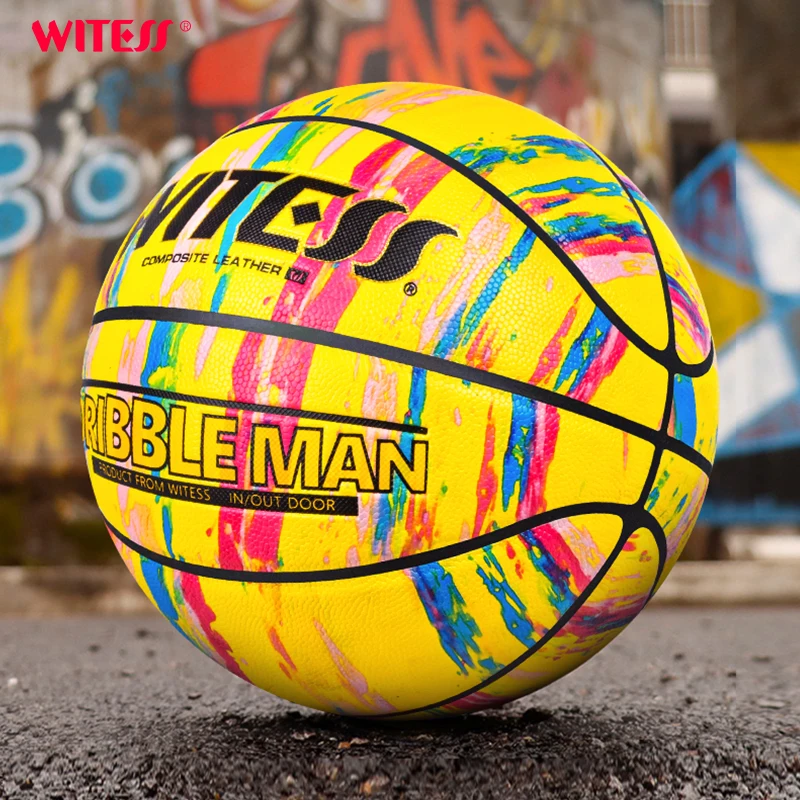 WITESS Yellow Painted Graffiti Basketball Indoor Outdoor Wear Resistant PU Soft Leather Match Basketball Ball Size 7