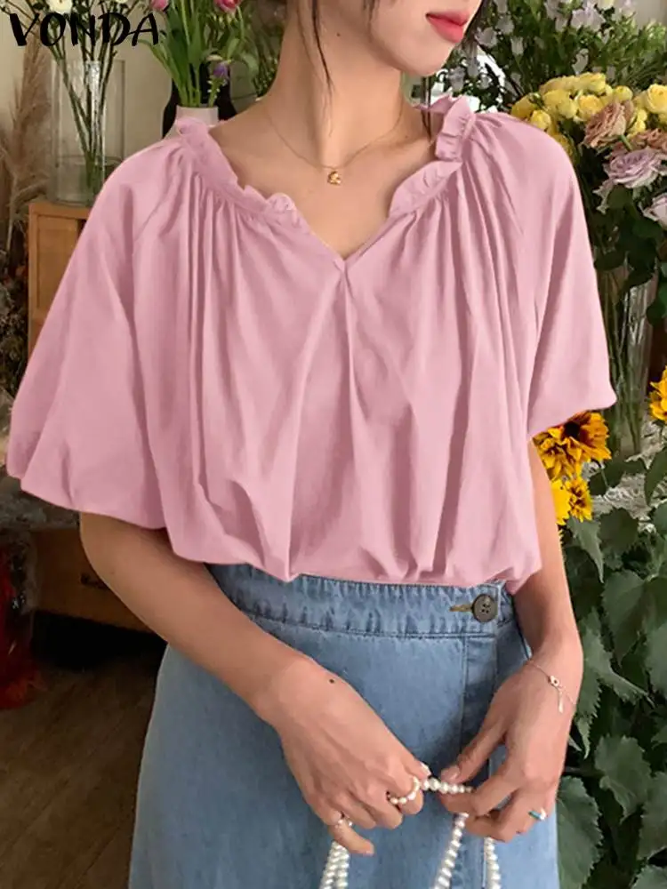 

VONDA Women Fashion Blouses Summer Tops 2023 Sexy V Neck Ruffled Shirts Casual Solid Color Tunic Elegant Short Sleeve Blusas