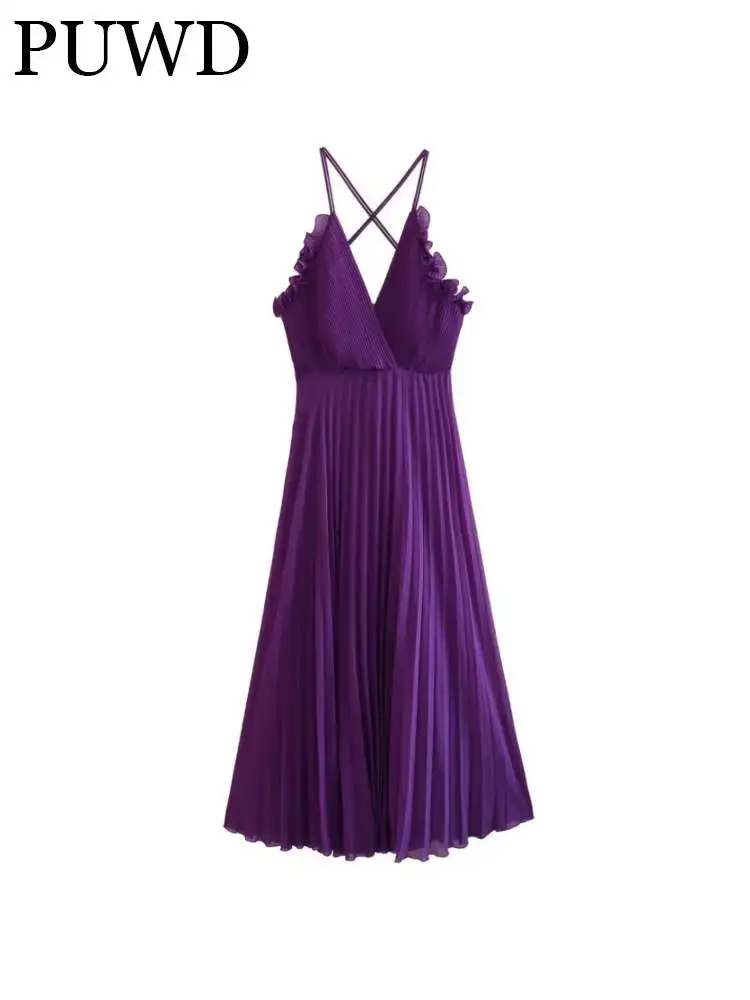 

PUWD Women Elegant Purple Pleated Midi Asymmetry Sling Dress 2023 Summer Retro Sleeveless Flower Dress Female Bottoms Mujer