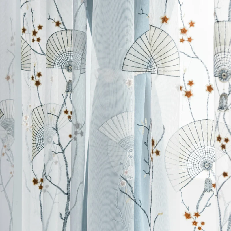 

Китайская прозрачная занавеска с цветочной вышивкой в стиле древнего веера для гостиной, занавеска из вуали с синей тканью, подходит для ок...