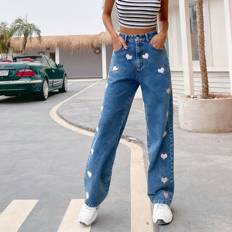 Love Indie Printed Wide Leg Jeans Women Harajuku Wild High Waist Straight Jeans with Pocket Spring Autumn Casual Sweet Trousers