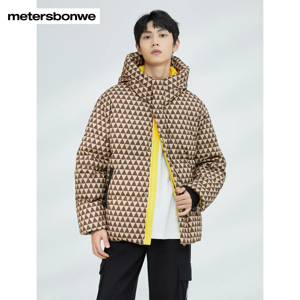 Metersbonwe Men's 22New Winter Geometric Full Print Stand Collar Down Jackets 90%Duck Down Thick Warm Wear Trend Hooded Outwear