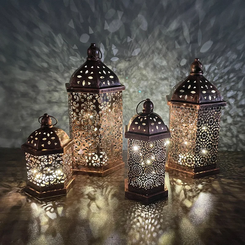 New retro wrought iron hollow lantern lantern Morocco decorative ornaments atmosphere props led lantern