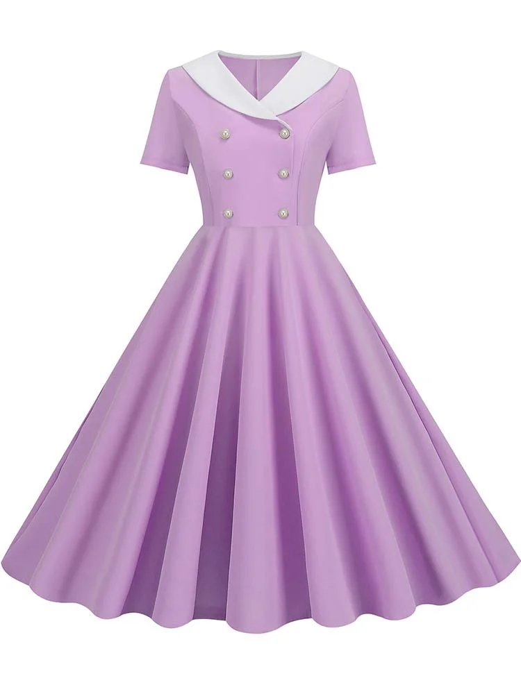 

Peter pan Collar Elegant Summer Dress Women Short Sleeve Vintage A-line Party Midi Sundress Casual