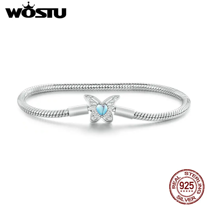 

WOSTU 925 Sterling Silver Basic Bracelets Butterfly Style Rainbow Moonstone Link Snake Chain DIY Bangles Suit to Charm Beads