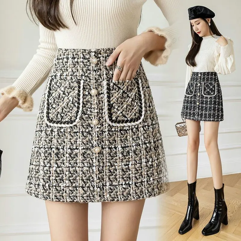 WTEMPO осень-зима клетчатая шерстяная юбка женская жемчужная пуговица твидовая