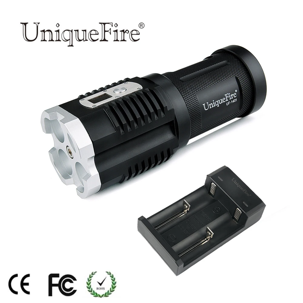 UniqueFire 1401 XM-L2 4*LEDs 4000LM Super Bright Powerful LED Flashlight  5 Modes Torch Light+Two-Slot Charger For Camping