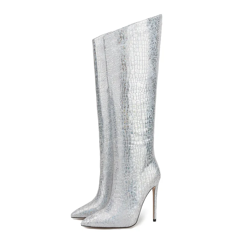 2023 European and American Style Silver High Heeled Women's Boots Thin Heeled Pointed Toe with Zipper Knee High Leather Boots