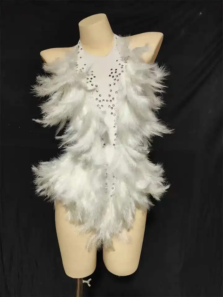 

Nightclub Party DJ Stage Performance Costume Sexy Suspenders White Feather Dress Colorful Rhinestone Backless Jumpsuit