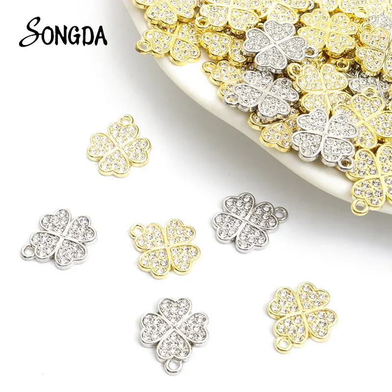 

10pcs Lucky Crystal Rhinestone Charms Four-leaf Clover Alloy Metal Pendants DIY Necklace Earrings Jewelry Making Findings Craft