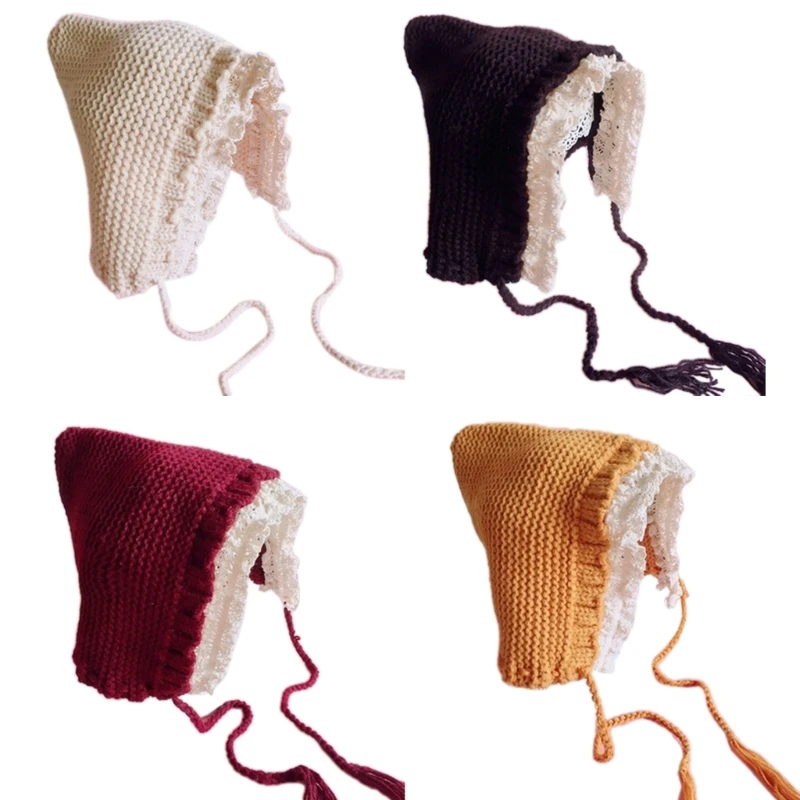 

Casual Lace Brim Design Hat Knitted Windproof Hat for Late Autumn Winter Wear