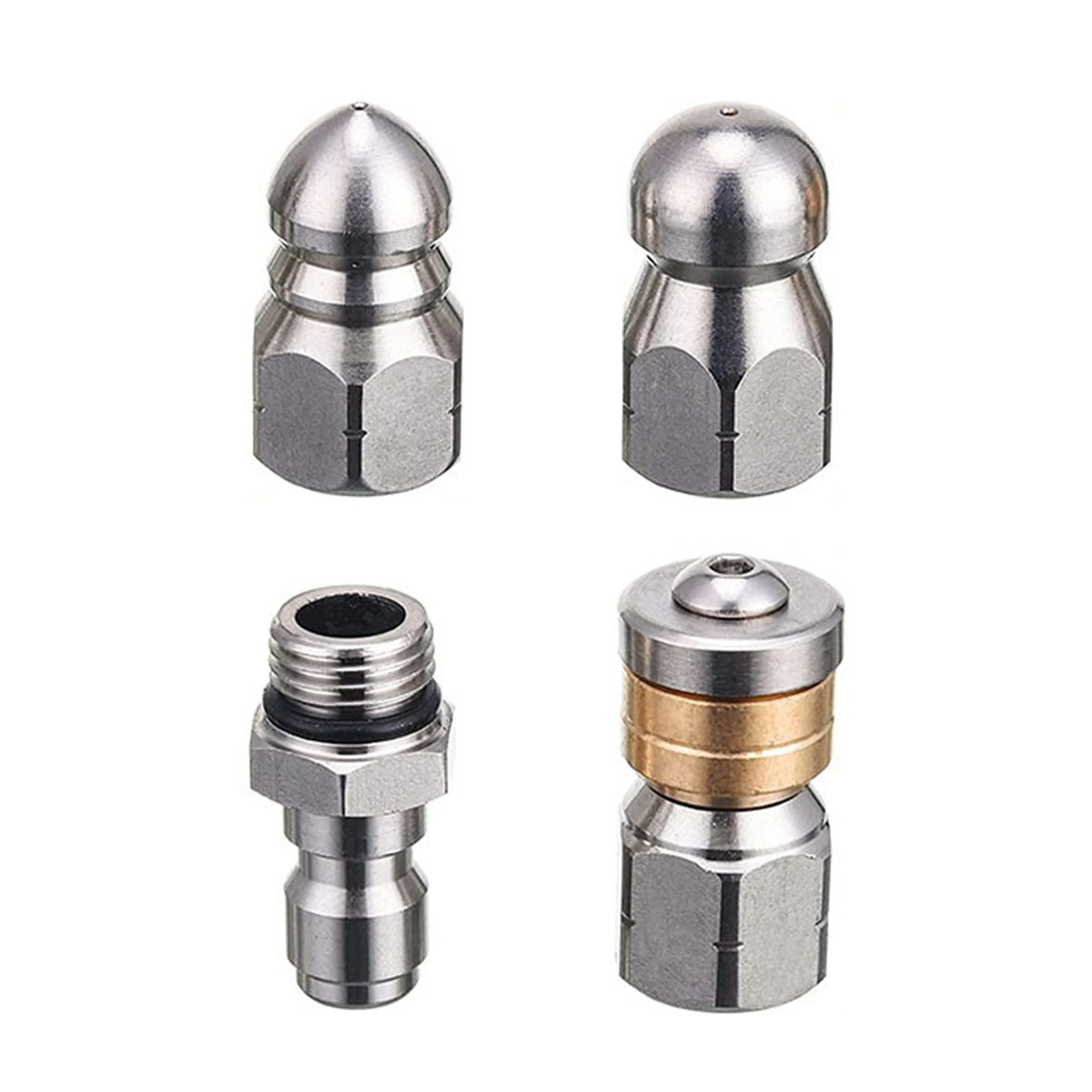 

4pcs Drain Quick Connect Silver Rotating Button Nose Sewer Jetter Nozzles Durable Flexible Pressure Washer Stainless Steel