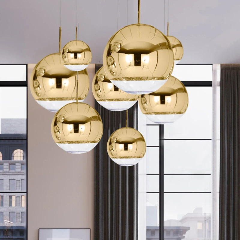 

Modern Simple Luxury Silver Mirror Ball Globe Glass Led Pendant Lighting Furniture Living Room Home Kitchen Decor Hanging Lamps