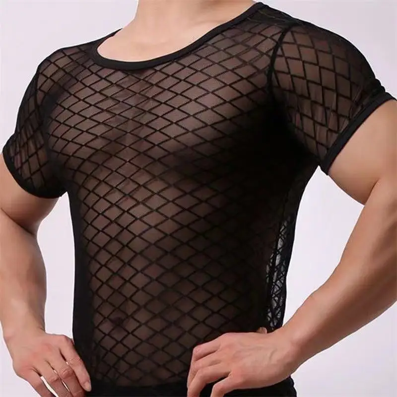 Men's Diamond Mesh Sexy See-through Vest Long-sleeved Short-sleeved Short Top Breathable And Comfortable Trousers Combination
