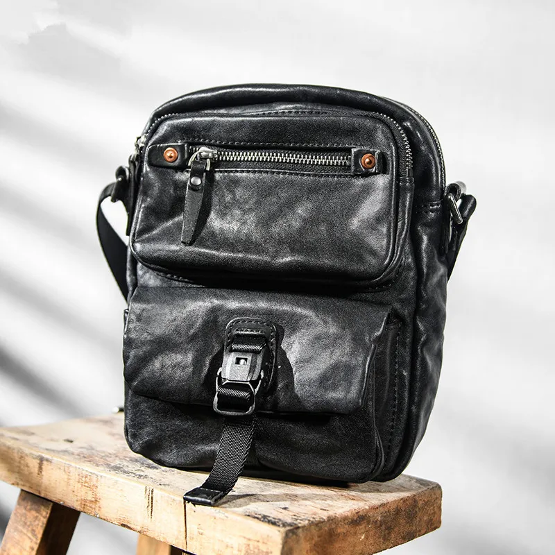 Luxury first layer cowhide men's small multi-pocket shoulder bag outdoor weekend daily genuine leather teens phone crossbody bag