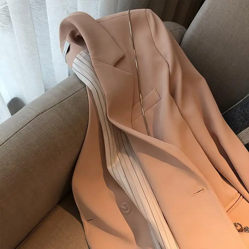 

2022 Spring New Blazer Women Fashion Office Ladies Clothes Double-breasted Pink Coat Solid Long Sleeve Button Casual Suit Jacket
