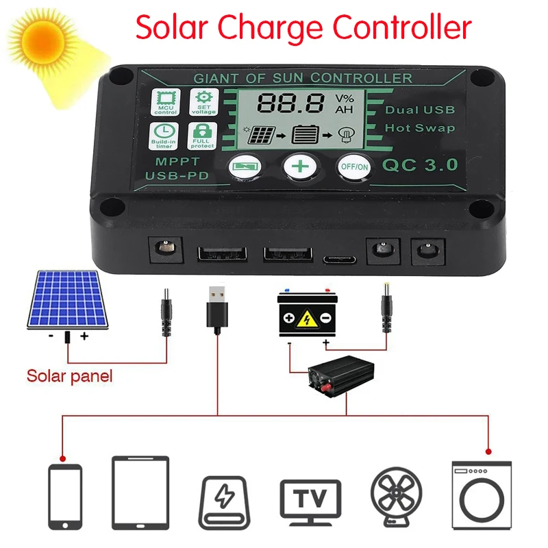 

MPPT Solar Charge Controller 10A 20A 60A 80A 100A 12V/24V with Dual USB Waterproof Auto Display Solar Panel Regulator Controller