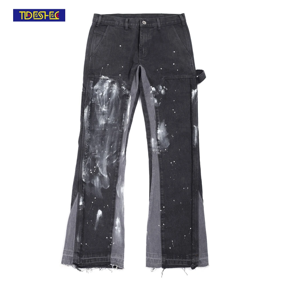

Oversized Vibe Style Ink-splattered Micro-flare Trousers Patchwork Streetwear Mens Jeans Pants Distressed Casual Denim Trousers