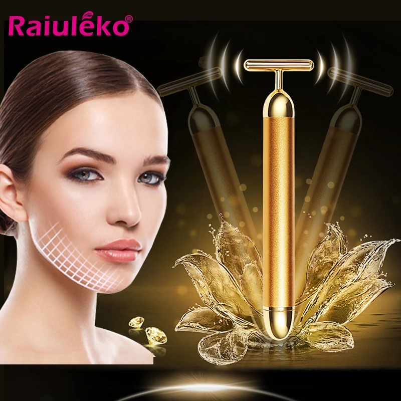 

Slimming Face T-Shape Roller 24k Gold Energy Vibration Facial Beauty Bar Face Massage Stick Lift Skin Tightening Wrinkle Tool