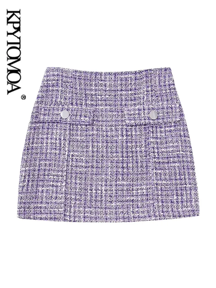 

KPYTOMOA Women Fashion Front False Flap Pockets Tweed Mini Skirt Vintage High Waist Back Zipper Female Skirts Mujer