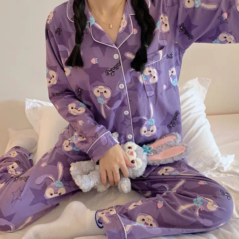 

Pajamas Women's Spring Autumn Cartoon Star Dailu Long-sleeved Trousers Cardigan Two-piece Pajamas Cute Cartoon Home Clothes