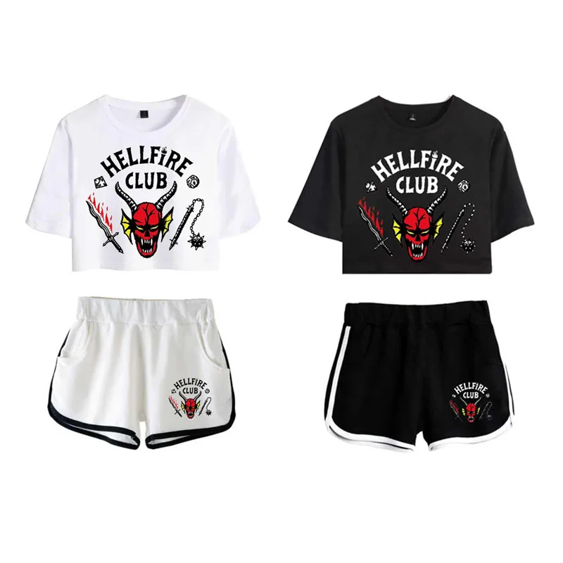 

Stranger Cos Things Hellfire Club Cospaly Costume 3D Print T-shirt Crop Top Shorts Set