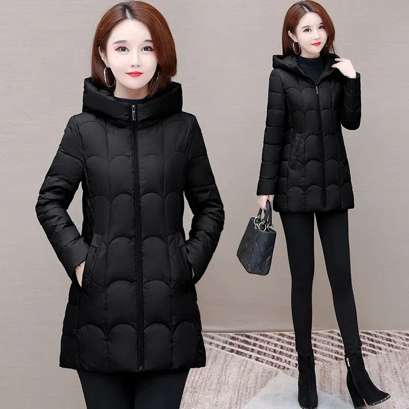 Новинка женский модный тонкий и свободный пуховик средней длины на утином пуху с
