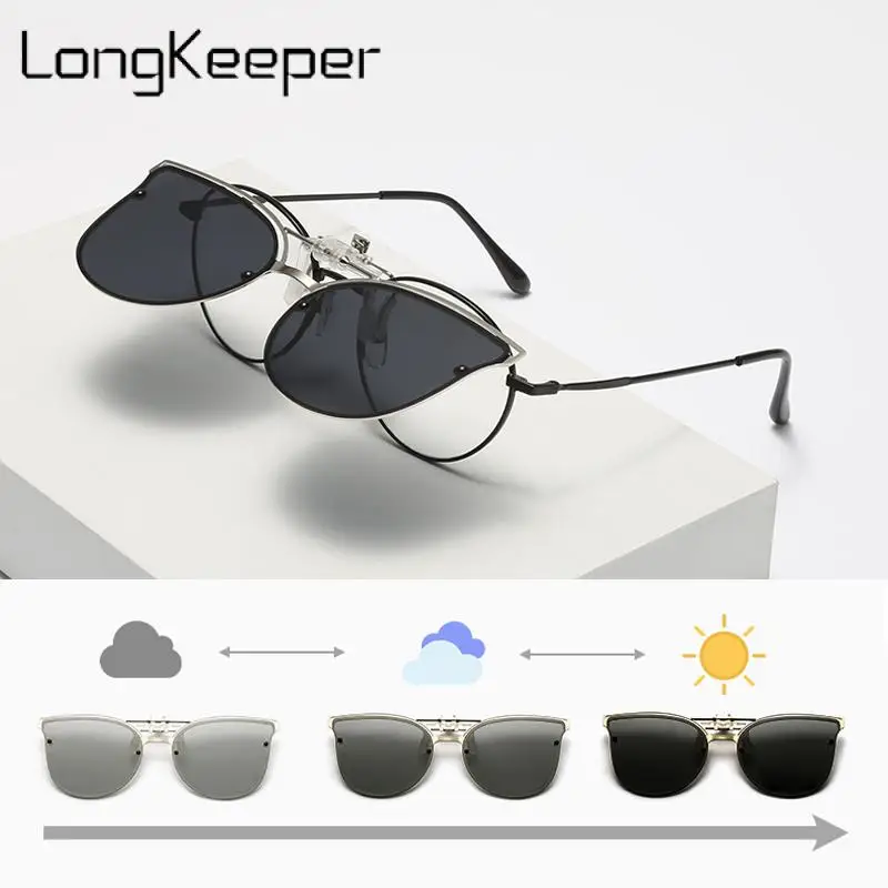 

Photochromic Clip On Sunglasses Polarized Men Car Driver Flip Up Goggles Day Night Vision Glasses Anti Glare Cat Eye Glasses