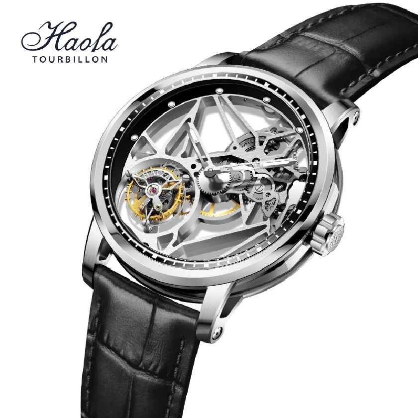 

Haofa Skeleton Black Tourbillon Watch For Men Flying Tourbillon Movement Top Brand Luxury Sapphire Wristwatches orologio uomo