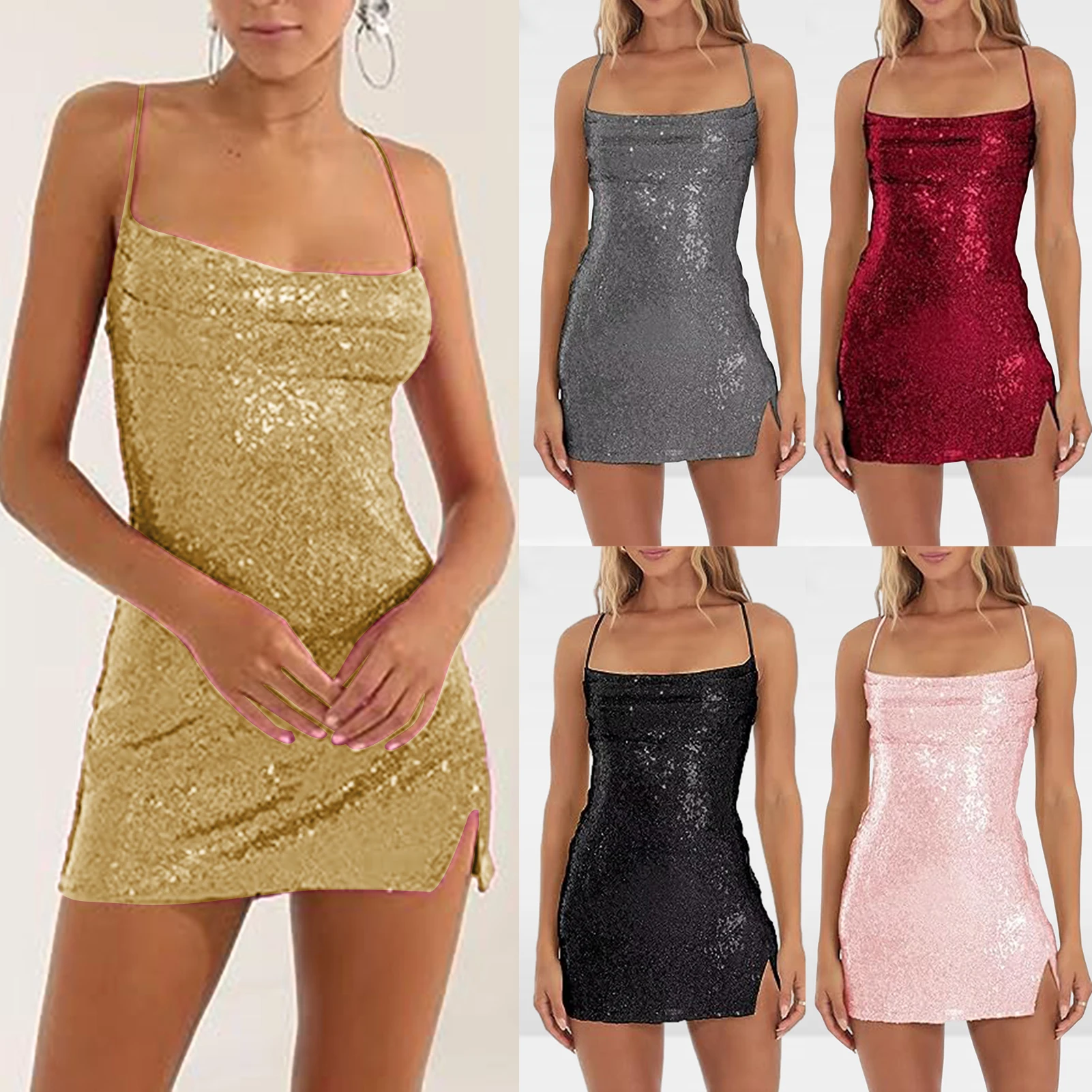 

Women Side Split Dress Sparkly Sexy Sheath Dress Shiny Spaghetti Strap Dress Giltter Slim Fit Adjustable Straps Homecoming Dress