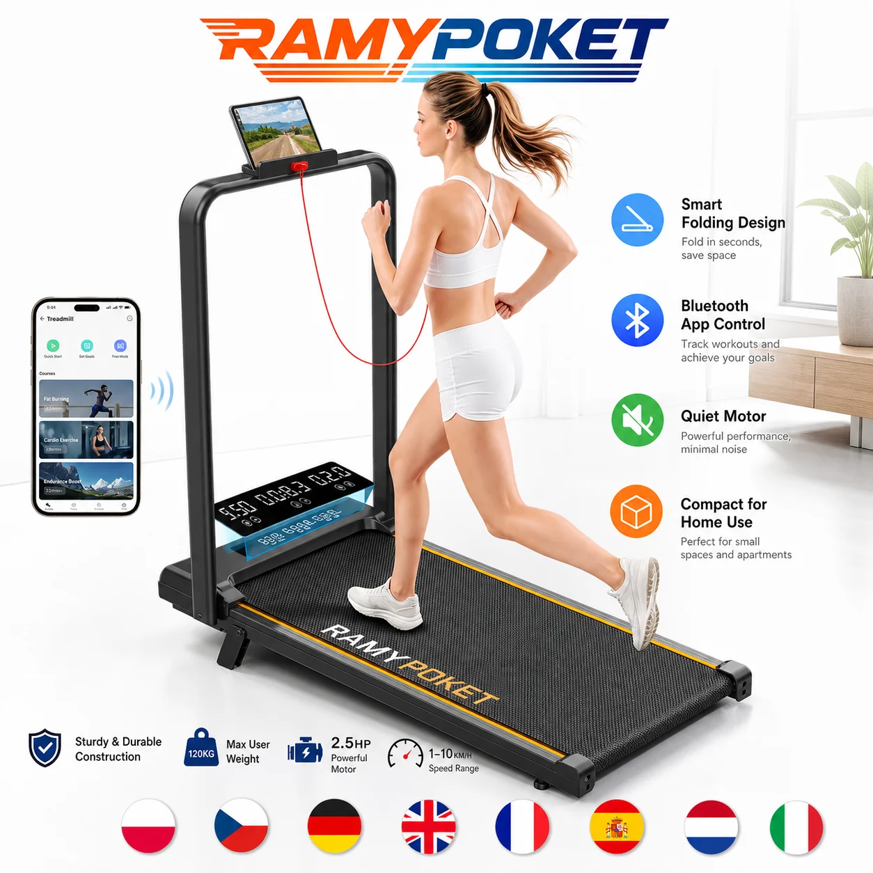 RAMYPOKET Treadmill with slope 9% APP 2.5 HP speed 1-10 km/h walking track pad for home adjustable