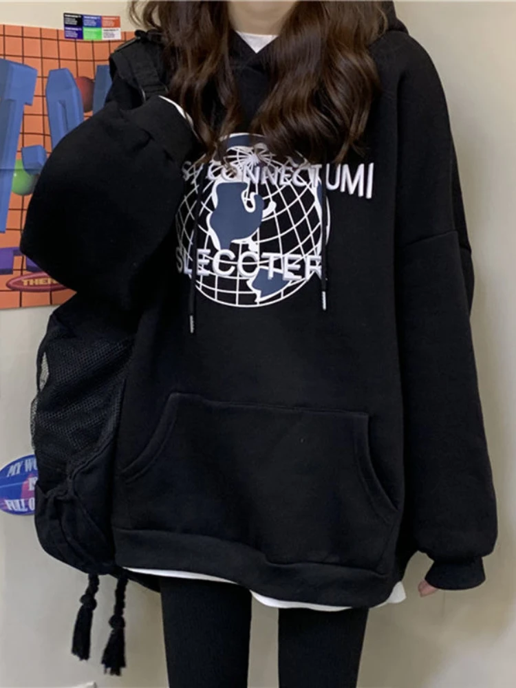 

Deeptown Gothic Black Graphic Hoodies Women Harajuku Hip Hop Oversized Sweatshirts Fashion Loose Casual Plus Velvet O-neck Tops