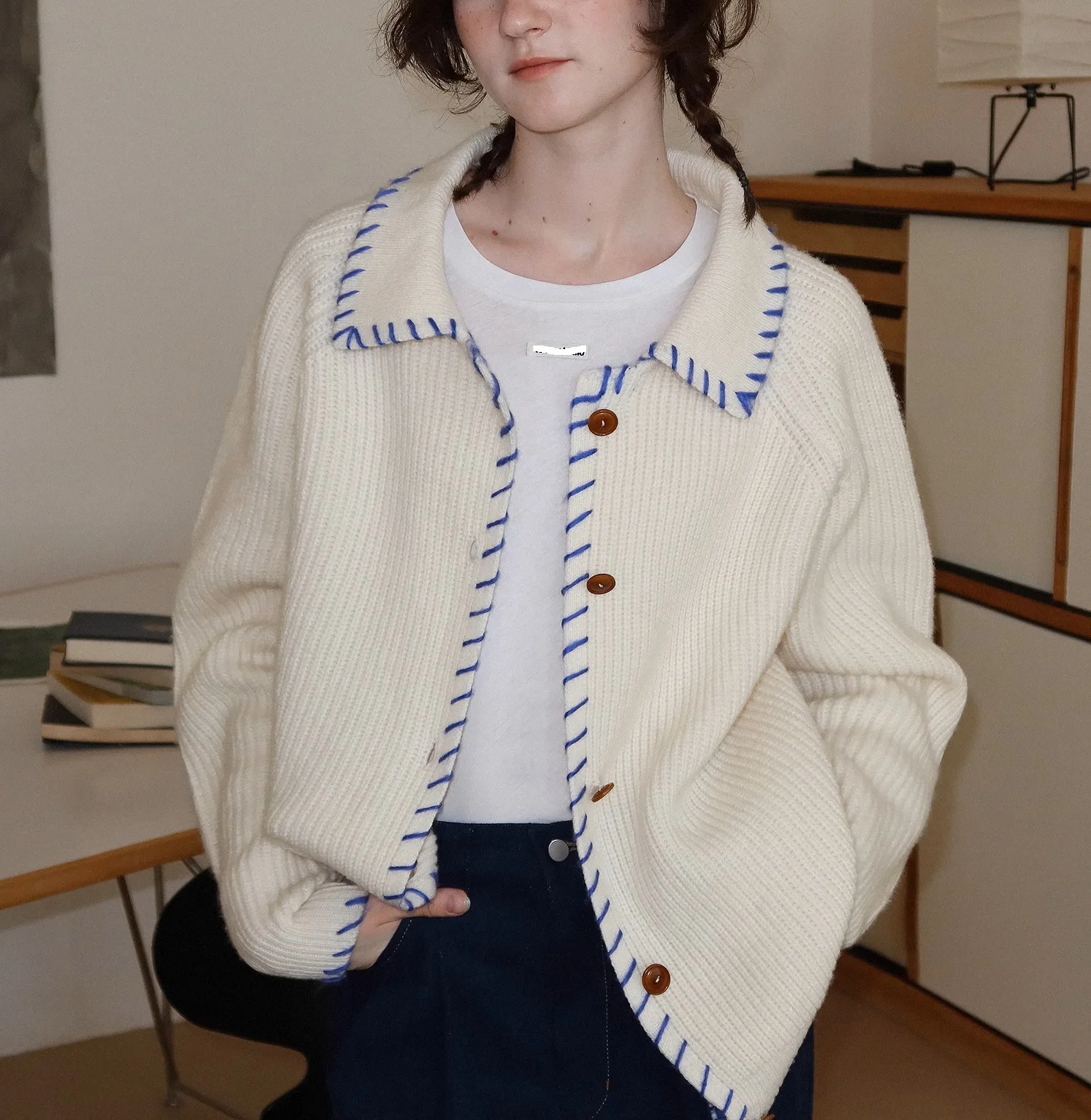 UMI MAO вязаная куртка Исландия синий 650 г высокий вес ручной работы контраст 100