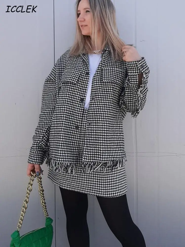 Women Shirts Oversize Houndstooth Jacket coats With Pocket Female Vintage Plaid Jacket Spring Tassel Coat TRF Mujer 2021 New