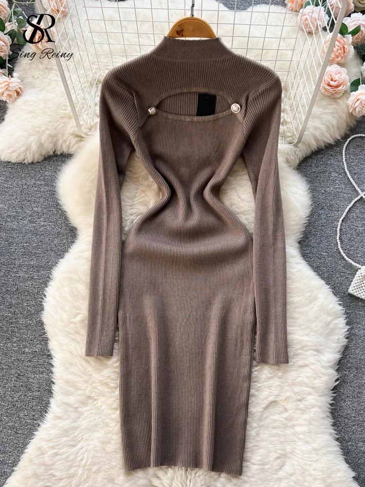 

LIRUICHENG Hollow Out Knitted Long Dress Long Sleeve Elastic Sheath Warm Midi Dress Female Winter Fashion Sweater Dress