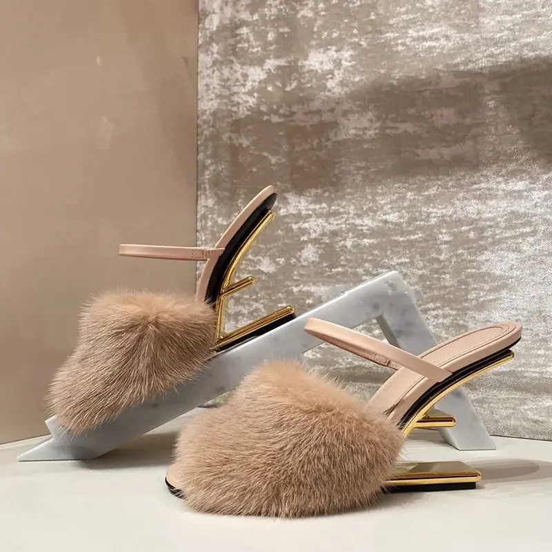 

New Mink Hair High Heels For Women Fashion Metal Shaped Heel Sandals Plush Slippers High Heels Women's Shoes