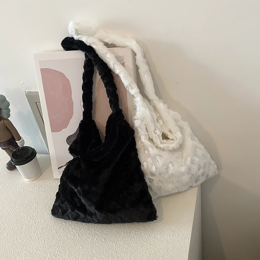 

Female Fluffy Fashion Shoulder Bag Pure Color Mini Mobile Phone Amrpit Bag Autumn Winter Large Capacity Shoulder Bag