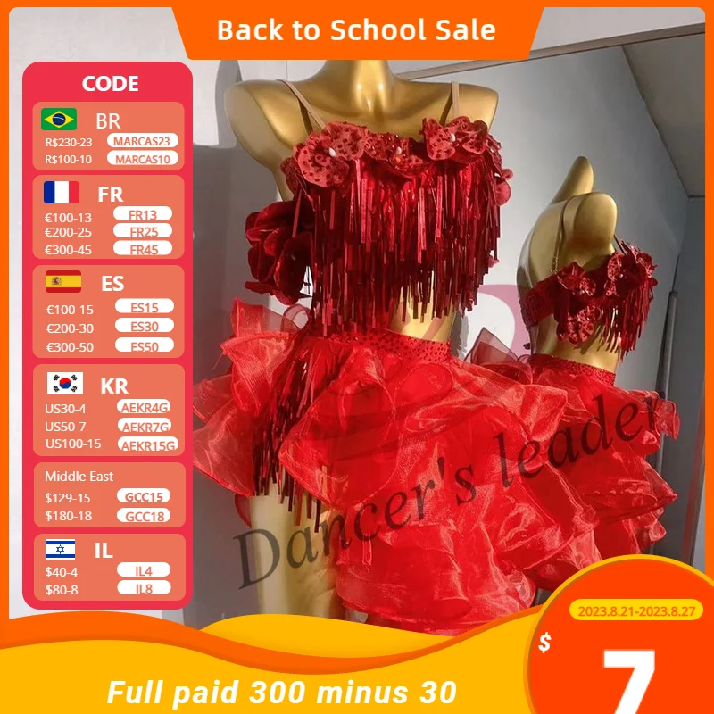 

Latin dance Dress High end Customized Red Tassel Wave Tail Dress Chacha Tango Female Adult Stage Professional Clothing